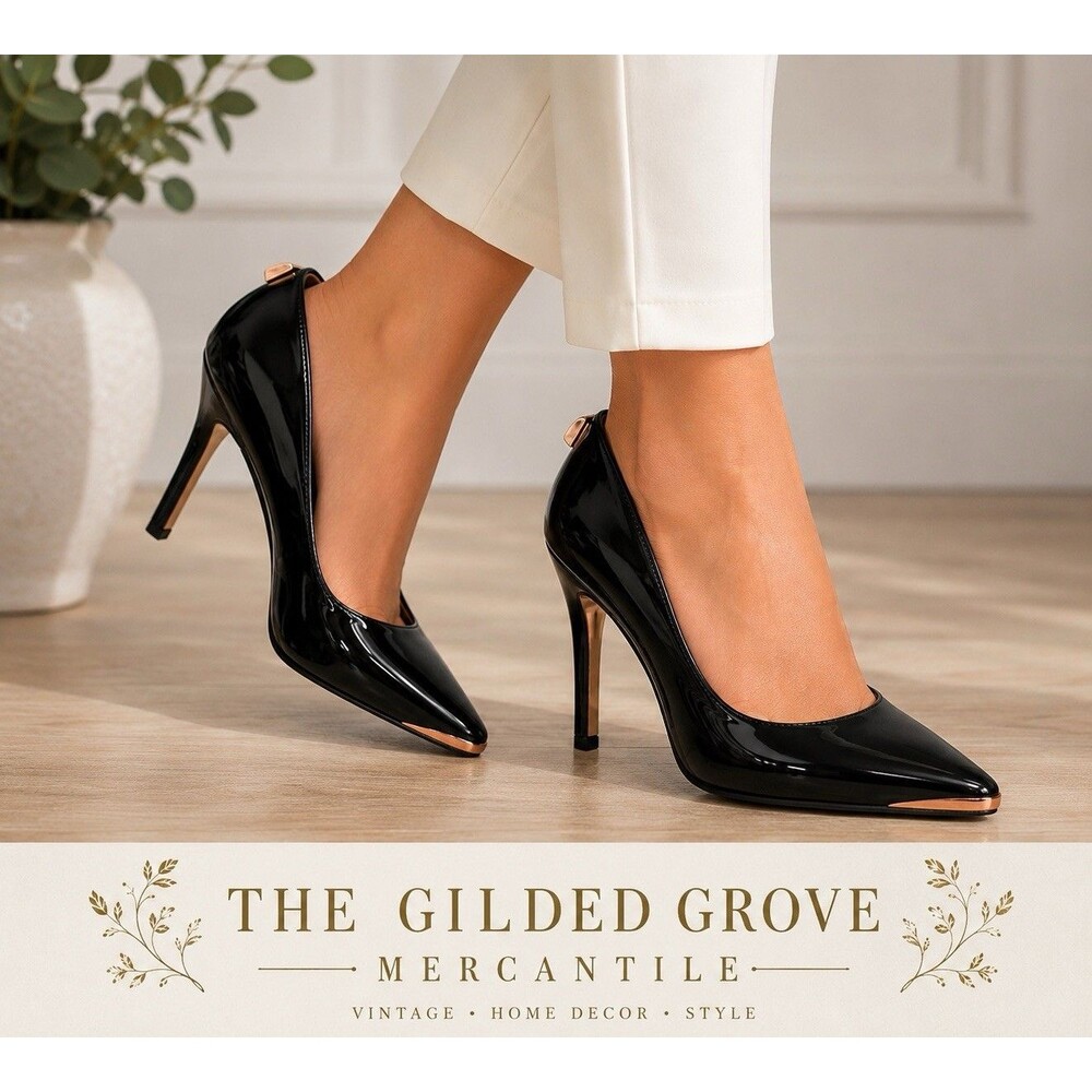 Ted Baker London Black Patent Pumps EU 37.5/7.5 Rose Gold Bow Pointed Toe Heels
